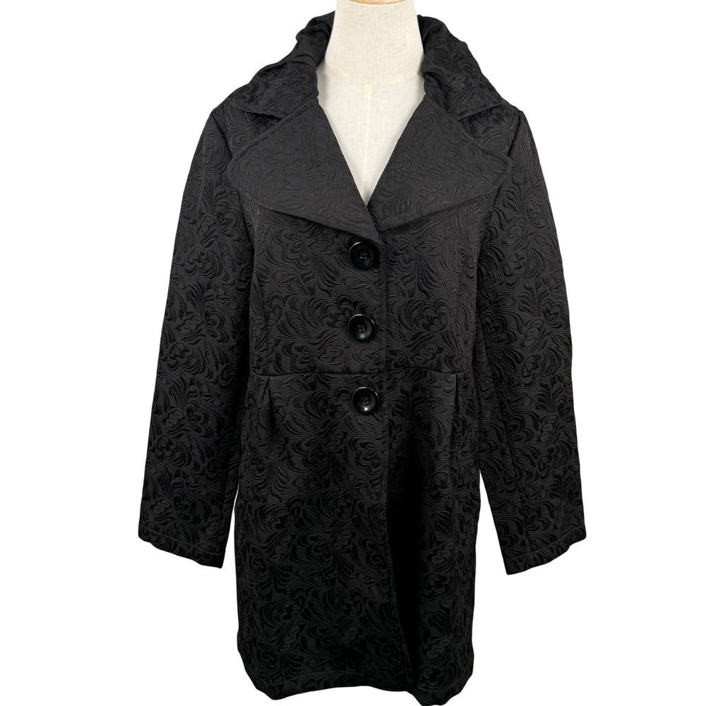 Charlie Paige L/XL Coat Black Floral Jacquard Brocade Button Front Damask NWT